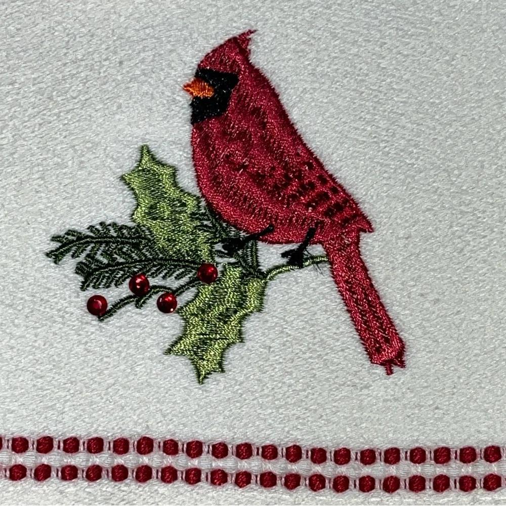 Merry & Bright Cardinal Bird Rhinestone Christmas Holly Berry Holiday Towel Set